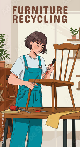 Young woman recycling furniture and restoring them. Furniture recycling concept
