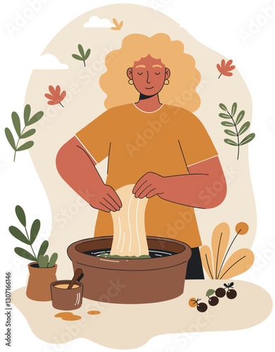 Caucasian woman using natural fabric dye. Sustainable living. Colorful minimalist illustration