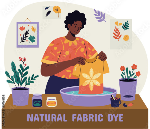 Black woman natural dying clothes at home. Sustainable fashion. Colorful flat design cartoon