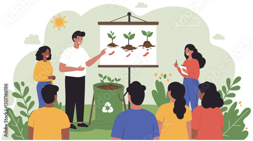 Man teaching composting in a community workshop. Minimalist flat design illustration community (1)