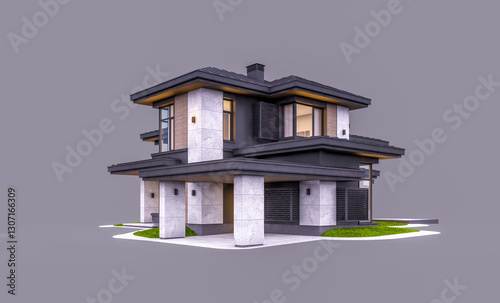 3d rendering of modern two story house with gray and wood accents, large windows, parking. In the evening Isolated on gray