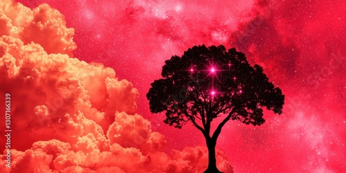 A mystical tree stands against a vibrant red cosmos, with glowing stars illuminating its branches amidst swirling clouds.