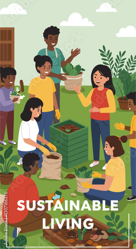 Sustainable living with multiethnic community composting together in garden. Colorful flat design illustration