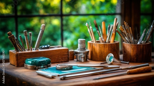 Antique watchmaker's tools on a wooden workbench by a window with lush greenery photo