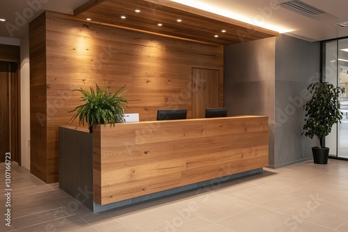 Office hall with wooden reception desk. AI generated illustration. photo