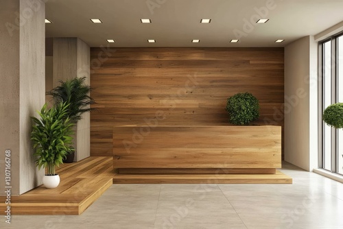 Office hall with wooden reception desk. AI generated illustration. photo