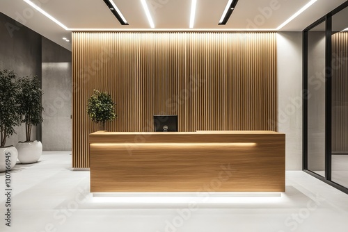 Office hall with wooden reception desk. AI generated illustration. photo