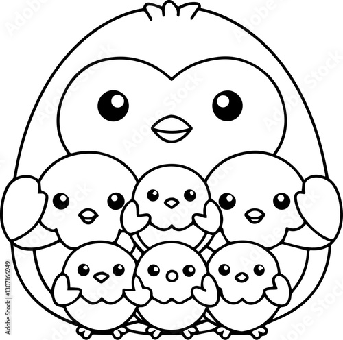 SVG vector features hand-drawn farm animals with line art. Cute Cartoon Birds Family with Adorable Baby Chicks Illustration