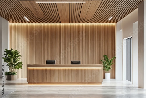 Office hall with wooden reception desk. AI generated illustration. photo