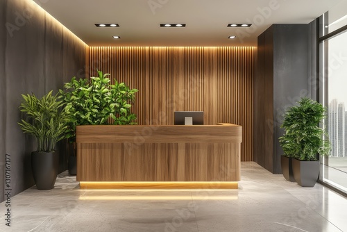 Office hall with wooden reception desk. AI generated illustration. photo