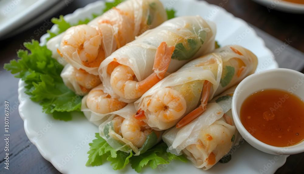 Shrimp Spring Rolls with Dipping Sauce on a Plate Shrimp Spring Rolls with Dipping Sauce on a Plate