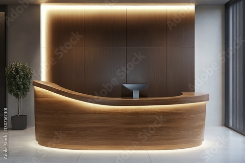 Office hall with wooden reception desk. AI generated illustration. photo