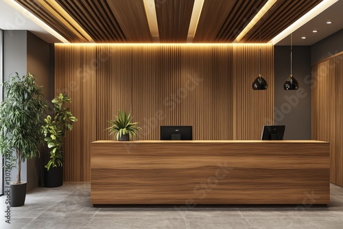 Office hall with wooden reception desk. AI generated illustration. photo