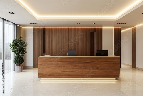 Office hall with wooden reception desk. AI generated illustration. photo