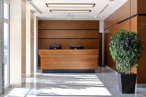 Office hall with wooden reception desk. AI generated illustration. photo