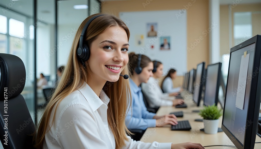 Smiling woman wearing headset working in busy call center office Smiling woman wearing headset working in busy call center office
