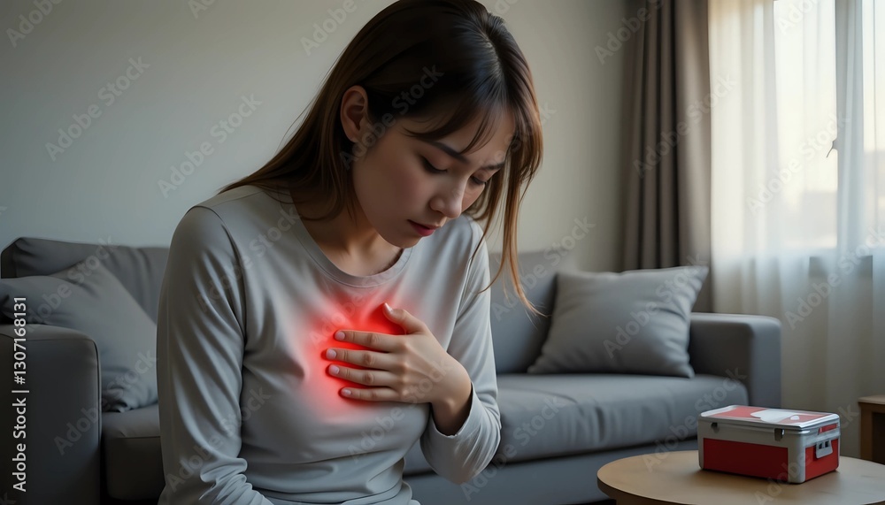 Young woman experiencing chest pain at home Young woman experiencing chest pain at home