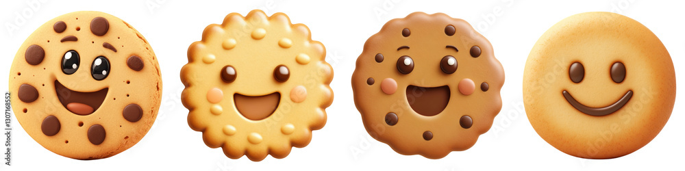 Happy cookies with smiling faces, chocolate chips, and cheerful expressions