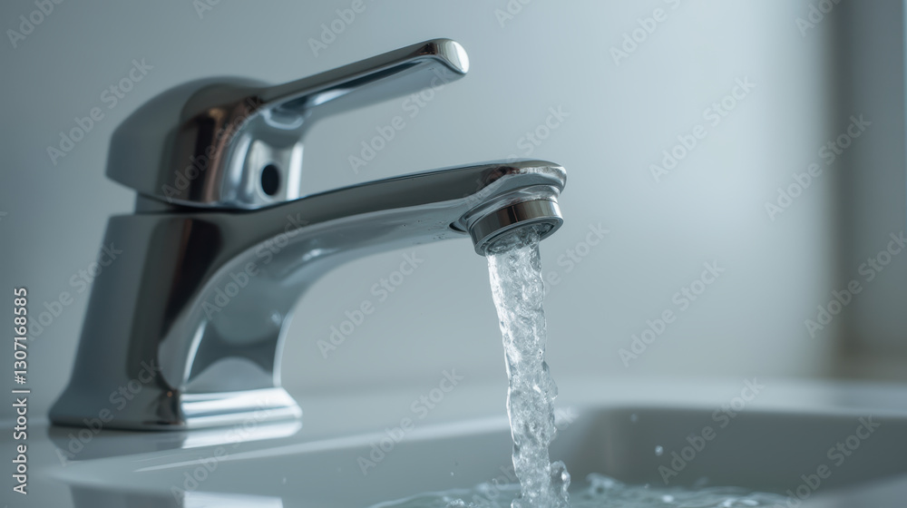 Modern faucet with flowing water in clean bathroom sink, creating refreshing atmosphere Modern faucet with flowing water in clean bathroom sink, creating refreshing atmosphere