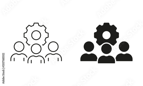 Employee Team with Gear Pictogram. Project Management, Cooperation, Teamwork Line and Silhouette Icon Set. Workforce Symbol. Editable Stroke. Isolated Vector Illustration
