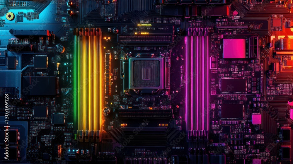 Fototapeta premium A vibrant close-up of a modern motherboard showcasing colorful LED lighting and intricate circuitry