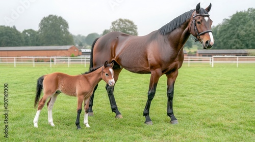 Mother Horse with Foal on a Green Pasture in Soft Morning Light