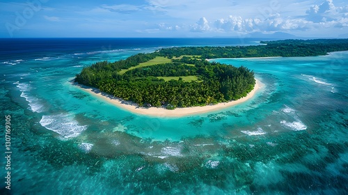 An aerial view shows a tropical island surrounded by water