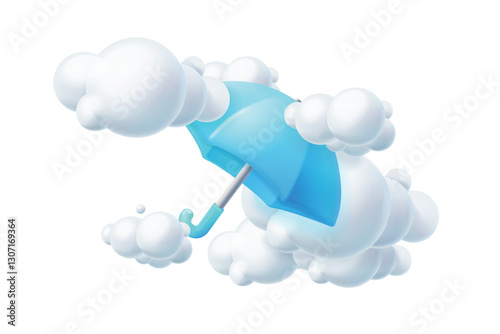 3d umbrella clouds. Render plastic parasol with cloud in sky, rainy storm weather forecast rain day Insurance protection or safety meteorology concept, exact vector illustration