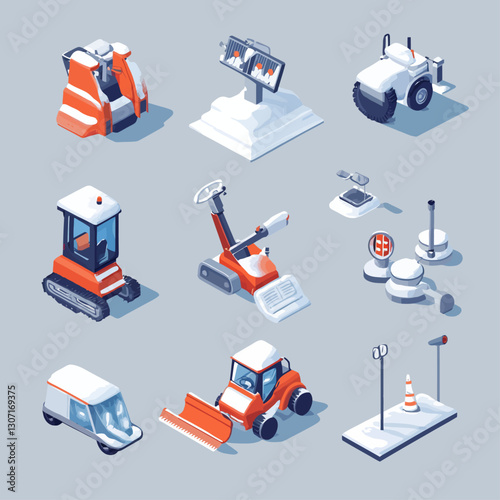 Isometric snow removal equipment icons showing plows blowers and tools