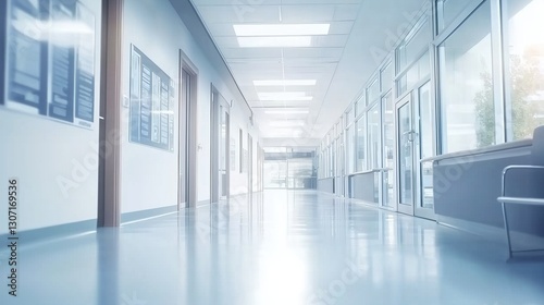 Wallpaper Mural Bright and modern hospital corridor with panoramic windows and soft lighting. Spacious medical hallway with a light blue color palette, abstract blurred background, and ample copy space for healthcare Torontodigital.ca