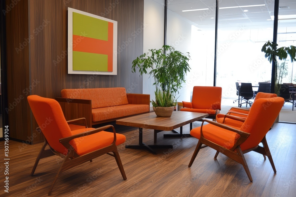 Orange office waiting area. AI generated illustration. Orange office waiting area. AI generated illustration.