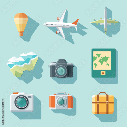 Travel Destinations Icons Featuring Airplane Cameras Map and Hot Air Balloon