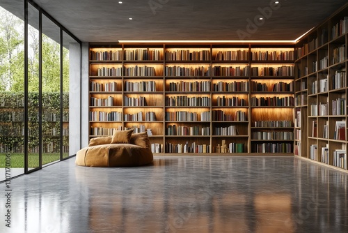 Personal library with big bookcase and concrete floor. AI generated illustration. photo
