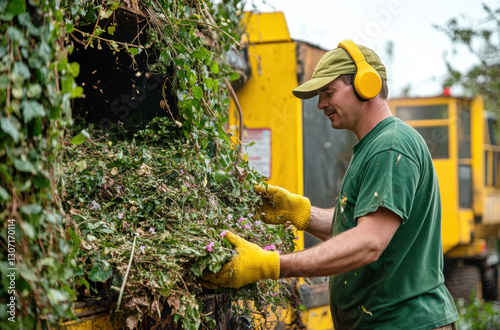 Wallpaper Mural A man wearing a green shirt and yellow earmuffs efficiently feeds green waste into a processing machine at a gardening site Torontodigital.ca