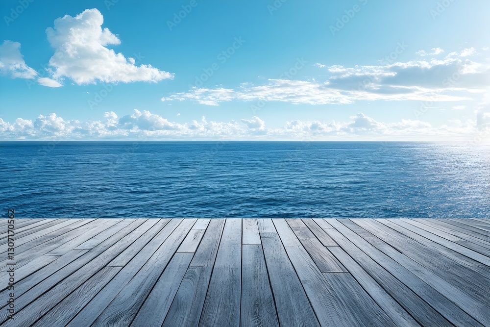 Obraz premium Scenic view of a wooden dock overlooking the ocean with a serene coastal background