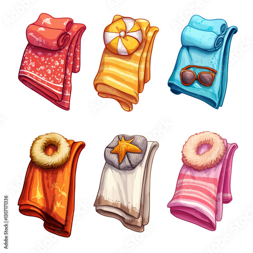 Collection of colorful beach towels with vacation themed decoration