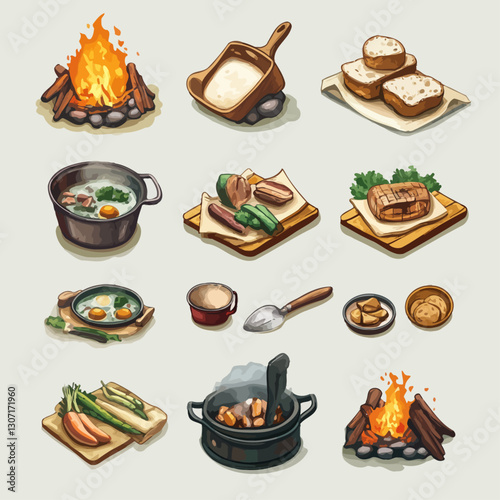 Delicious Campfire Cooking Illustration with Bread, Meat, and Veggies