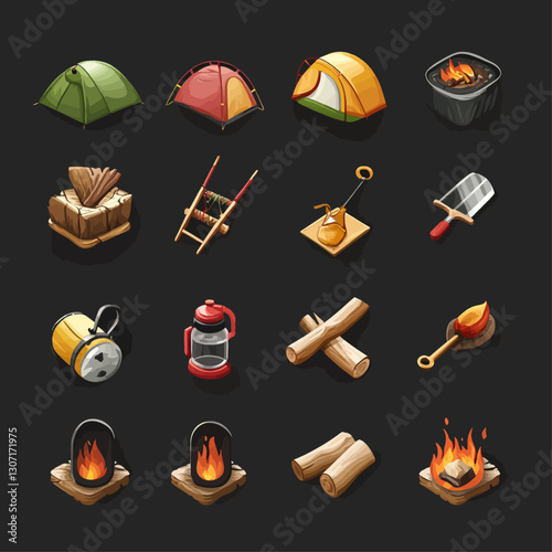 Camping Equipment Isometric Icons: Tents, Firewood, Lantern, Campfire