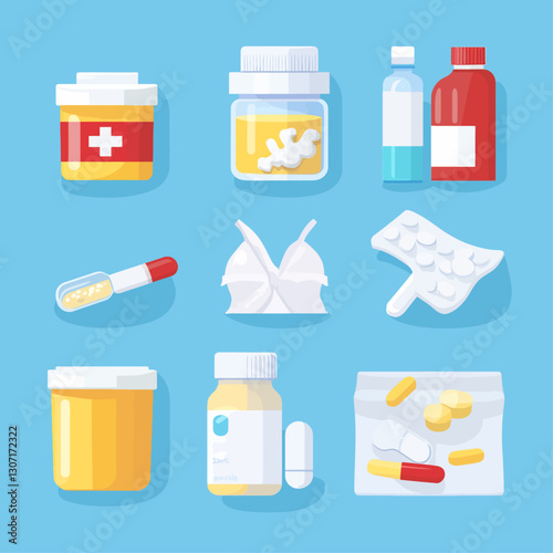 Assorted medication vector art on blue background in various containers
