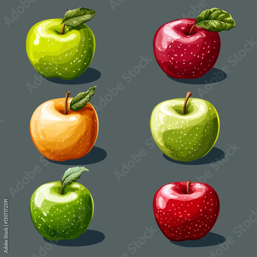 Six Stylized Apples: Red, Green, Yellow, Fresh Fruit Still Life Design