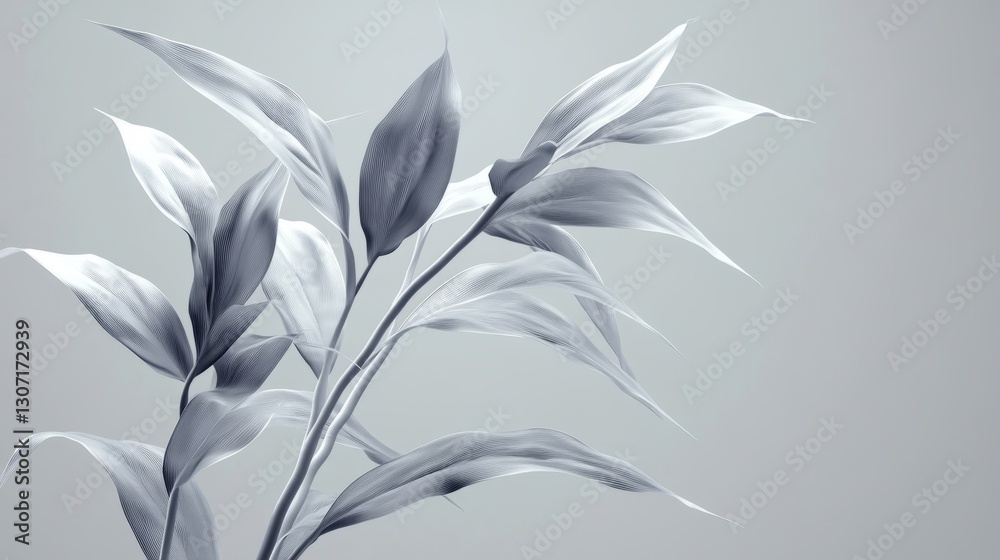 Naklejka premium plants, side view, grey solid background, detailed shading and smooth gradients, soft light highlighting each leafâ€™s curvature.