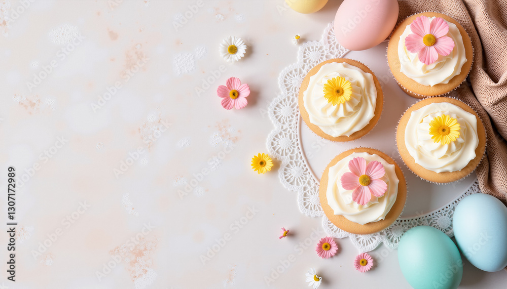Four Easter cupcakes with floral frosting, arranged on a lace-trimmed plate, decorated with pastel eggs and delicate spring flowers Four Easter cupcakes with floral frosting, arranged on a lace-trimmed plate, decorated with pastel eggs and delicate spring flowers