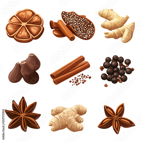 Assorted spices including ginger, cinnamon, star anise on white background