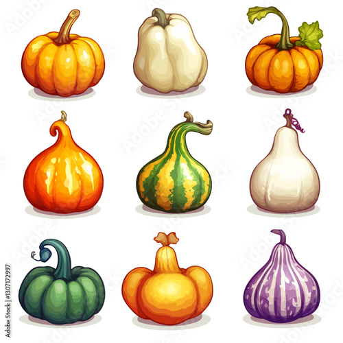 Assorted gourds illustration featuring yellow orange green purple and white
