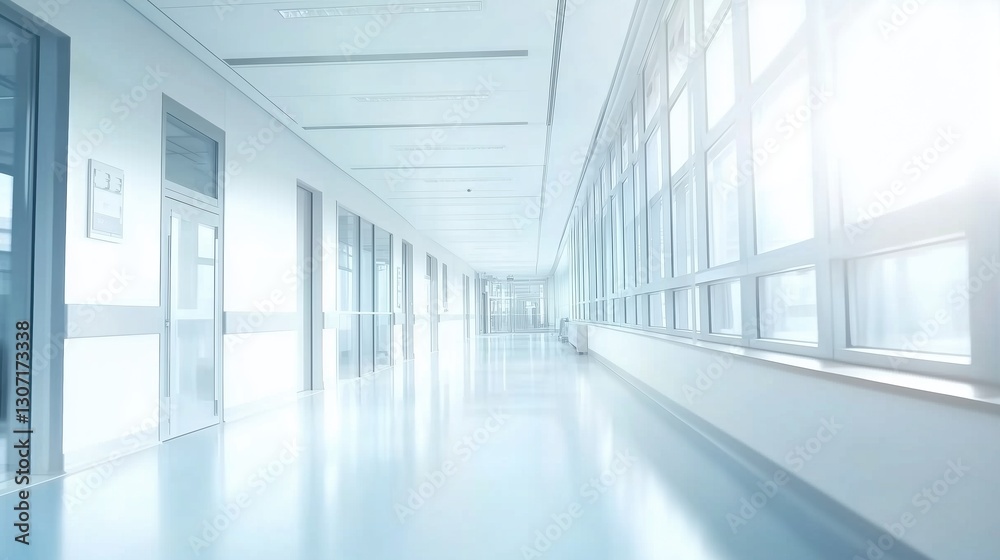 Bright and modern hospital corridor with panoramic windows and soft lighting. Spacious medical hallway with a light blue color palette, abstract blurred background, and ample copy space for healthcare Bright and modern hospital corridor with panoramic windows and soft lighting. Spacious medical hallway with a light blue color palette, abstract blurred background, and ample copy space for healthcare