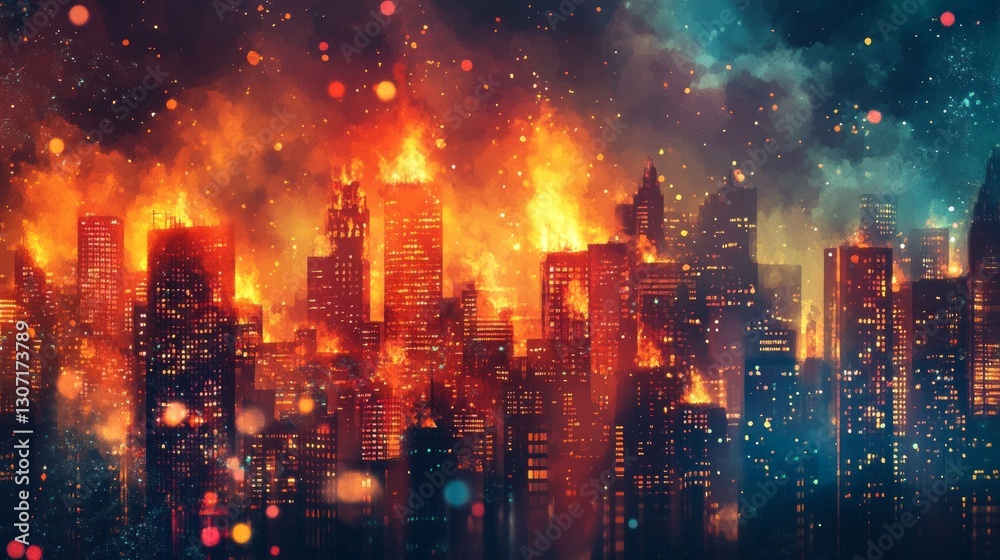 Obraz premium fire, line-art, macro, cityscape background, bright fire contrasting against the night skyline, soft smoke blending with the city lights.