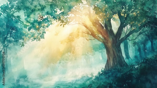 Enchanted Misty Forest Landscape with Ethereal Sunlight Breaking Through Ancient Trees in Dreamy Watercolor Style