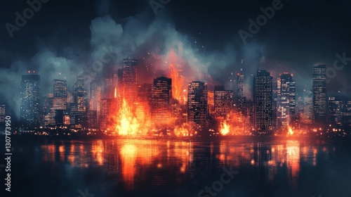 fire, line-art, macro, cityscape background, bright fire contrasting against the night skyline, soft smoke blending with the city lights.
