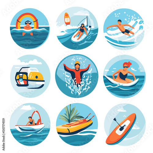Water Sports Icons: Surfing, Swimming, Kayaking, and Boating Adventures