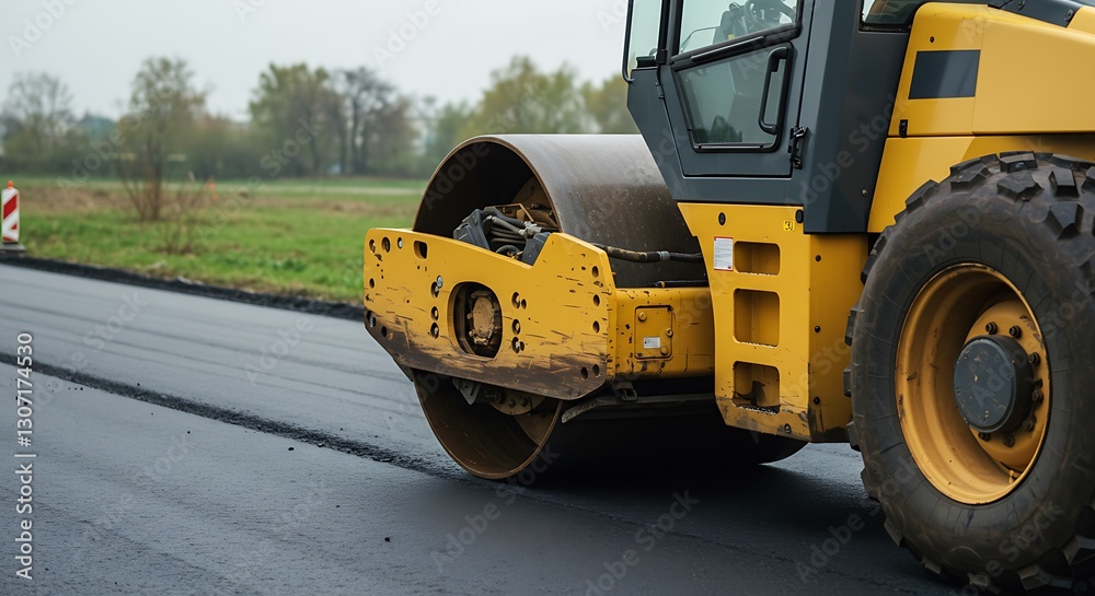 Fototapeta premium Yellow road roller compacting asphalt - infrastructure development - construction industry visuals